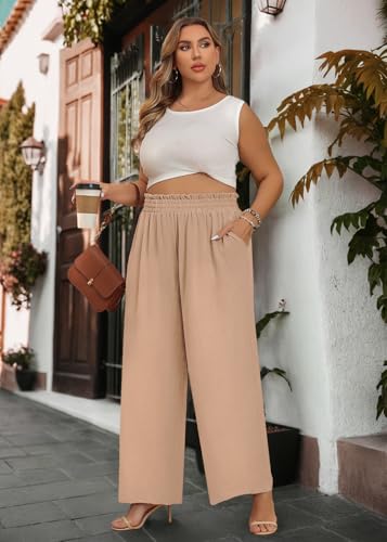 Lastshe Women's Plus Size Wide Leg Pants Elastic High Waist Hide Drawstring Loose Work Pants Palazzo Trousers with Pockets - color: Khaki, size: 1X