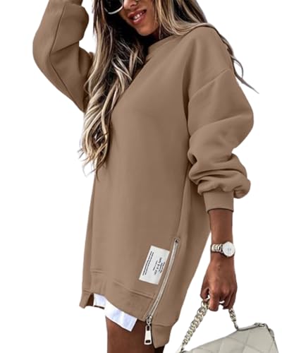 CHICME Women's Long Sleeve Crewneck Oversized Sweatshirt Fall Outfits - color: Brown, size: Small