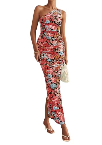 PRETTYGARDEN One Shoulder Maxi Dress Ruched Printed - color: Black Flower, size: Large