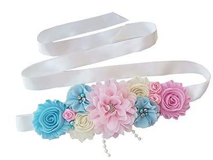 Maternity sash handmade flower sash for baby shower - color: Pink Blue