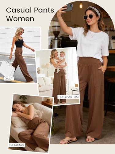 Wide Leg Pants Women Stretchy Sweatpants High Waisted Palazzo Pants - color: Brown, size: Medium