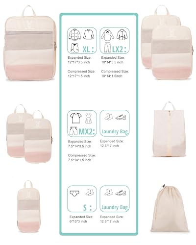 6/8 Set Space Saving Compression Packing Cubes Lightweight Packing Cube - color: Beige, size: 8 Pcs(XL,L*2,M*2,S,laundry bag,shoes bag)