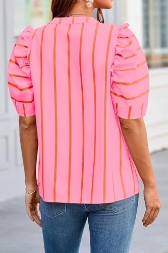 Tankaneo Womens Puff Sleeve Tops Striped Shirts Loose Fit Tunic Blouses - color: Pink, size: Medium