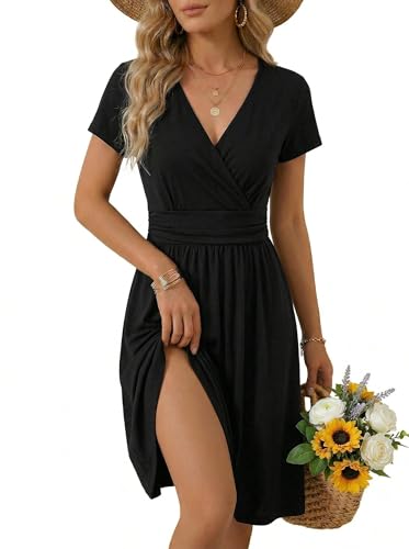 OUGES Casual Summer Dress for Women Wrap V Neck A Line Midi Dresses with Pockets - color: Black, size: 3X-Large