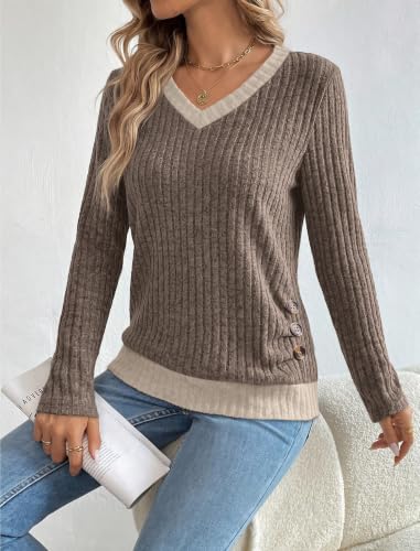 Sampeel V Neck Long Sleeve Shirts Button Side Sweaters Color Block Tops - color: Coffee, size: X-Large