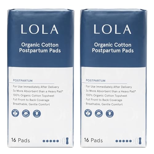 LOLA Organic Cotton Postpartum Pads, 32 Count, Unscented