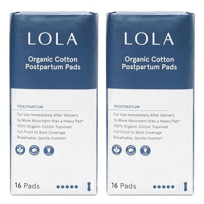 LOLA Organic Cotton Postpartum Pads, 32 Count, Unscented