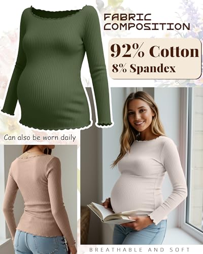 3 Pack Women's Maternity Long Sleeve Cotton Shirts - color: Army Green, Cream, Khaki, size: Small