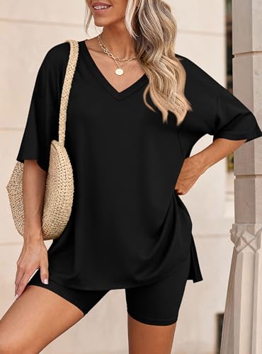 PRETTYGARDEN Womens 2 Piece Outfit Lounge Short Sets - color: Black, size: Large