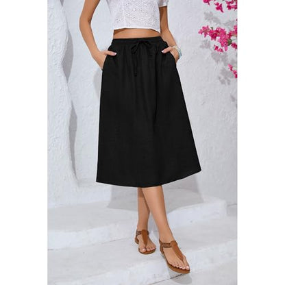 Witsmile Women's Summer Boho High Waist Pleated Flowy Midi Skirt - color: B-02 Black, size: Small