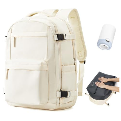 Vacuum Backpack Travel with Pump 18x14x8 Personal Item Bag for Women Men - color: Beige