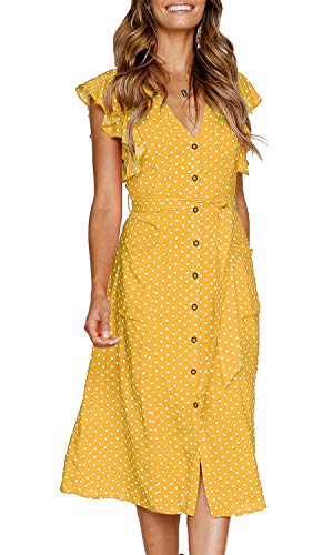 MITILLY Women's Boho Polka Dot Flutter Short Sleeve V Neck Button Down Swing Midi Dress with Pockets - color: 04 Yellow, size: X-Large