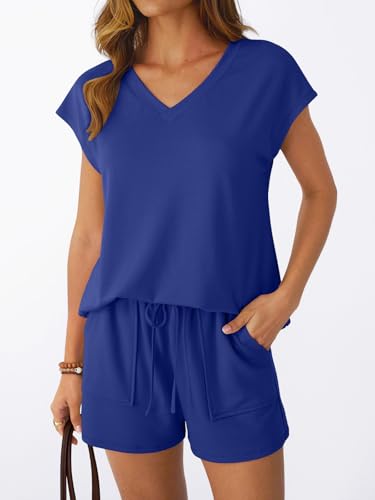AUTOMET 2 Piece Summer Short Set Matching V Neck Cap Sleeve Lounge Clothing - color: Royal Blue, size: Medium
