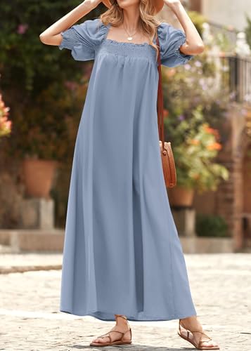 KIRUNDO Women Summer Maxi Dress Puff Sleeve Long Dresses - color: Blue Grey, size: Medium