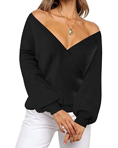 LookbookStore Women's Knit Long Sleeve Faux Wrap Surplice V Neck Sweater Top - color: Black, size: Small