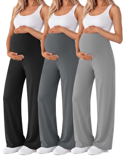 3 Pack Women's Maternity Yoga Pants with Pockets - color: Black, Light Gray, Dark Gray, size: Small