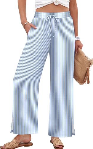 Sampeel Womens Wide Leg Beach Pants Elastic Waist Lightweight Casual Flowy Palazzo Lounge Trousers with Pockets - color: Blue Stripes, size: Large