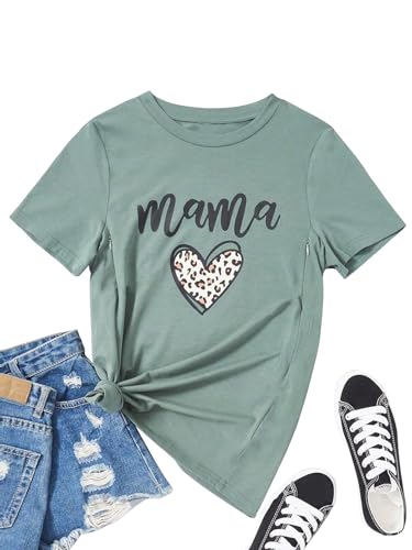 Women Maternity Nursing Shirt Leopard Heart Friendly Zip Breastfeeding Tops - color: Green, size: Medium