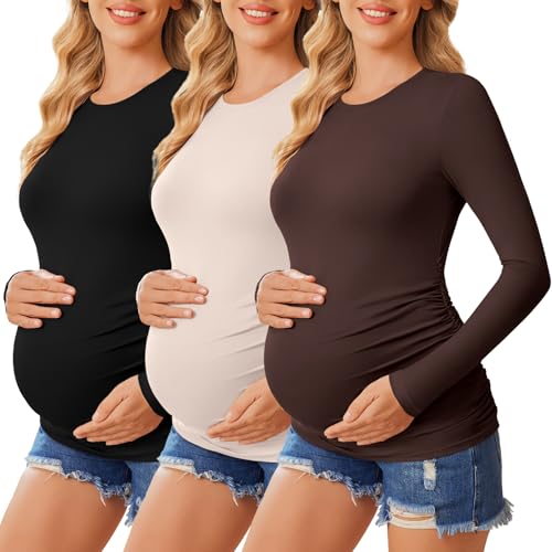 Ekouaer Women's Maternity Crew Neck Long Sleeve Tee 3 Pack - color: 3pcs Black / Brown / Beige, size: Medium