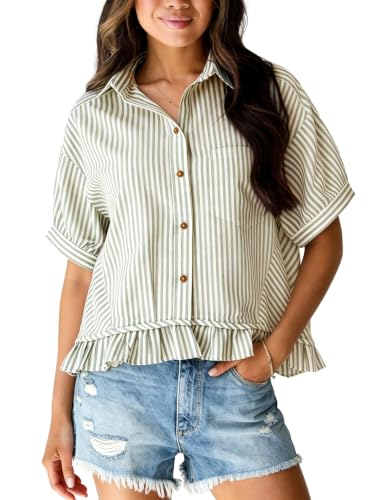 Flygo Womens Cropped Striped Button Down Shirts Ruffle Peplum Tops - color: Olive, size: X-Large