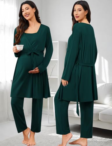 SWOMOG Maternity Nursing Robe Set 3 PCS Postpartum Pajamas Breastfeeding Pregnancy Robe & Camisole & Pants - color: Emerald Green, size: Large