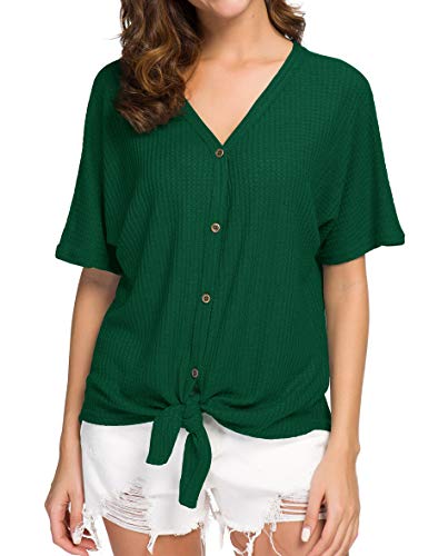 IWOLLENCE Women's Waffle Knit Tunic Blouse Tie Knot Short Sleeve Henley Tops Loose Fitting Bat Wing Shirts - color: C-dark Green, size: Small