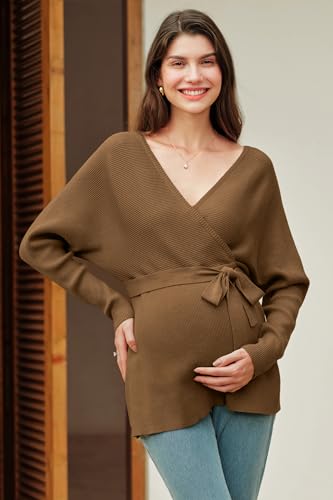 OUGES Womens Soft Cotton Blend Maternity Sweater Wrap V Neck Long Sleeve V Back Fall Shirts Pregnancy Outfits with Belt - color: Brown, size: Medium