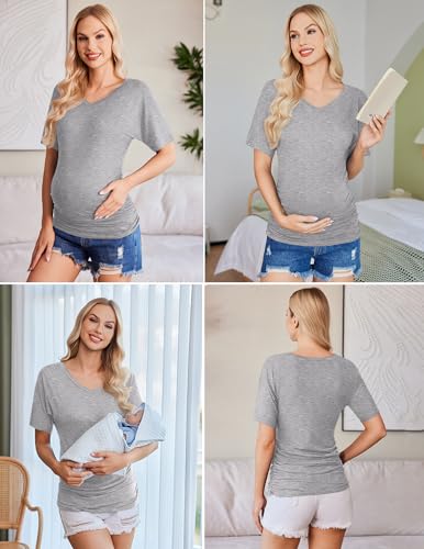 Ekouaer 3 Pack Maternity Shirts V Neck Pregnancy Tops Tunic Blouse Summer - color: Black/Grey/Pink, size: Small