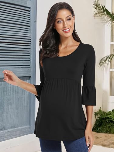 Ecavus Women's Maternity Shirt Striped Peplum 3/4 Sleeve Maternity Top - color: Black, size: Large