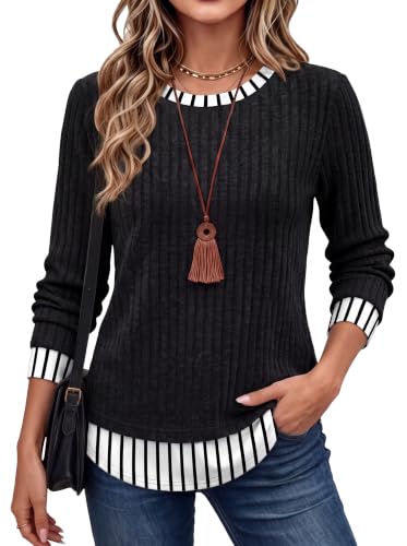 WIHOLL Womens Long Sleeve Shirts Fall Outfits Lightweight Sweaters 2026 - color: Black-striped, size: Large
