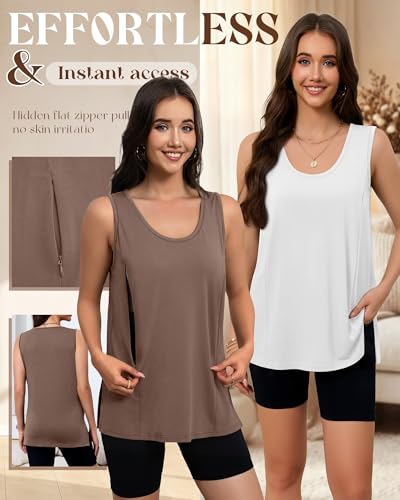 Ficerd 3 Pack Women's Oversized Nursing Tank Tops with Zipper - color: Coffee, White, Black, size: Medium
