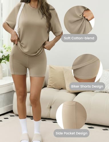 Womens Loungewear Oversized T-shirts and Biker Shorts - color: Khaki, size: X-Small