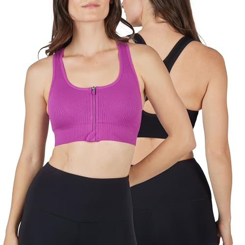 90 Degree By Reflex Women's 2 Pack Zip Front Bra Seamless Textured Racerback Performance Supportive Sports Bra - color: Clover/Black, size: Large