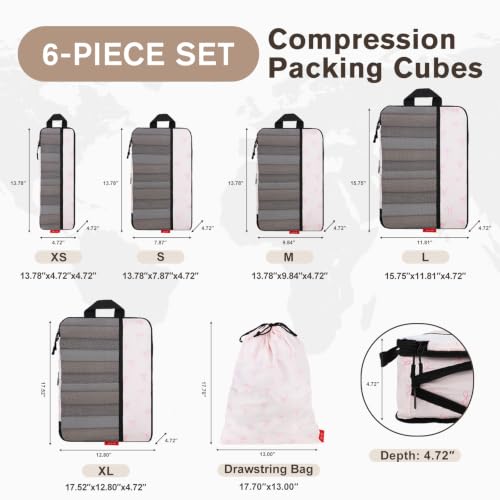 U+U 6 Set Compression Packing Cubes, Travel Organizers (Pink Bow) - color: Pink Bow, size: 6 Set
