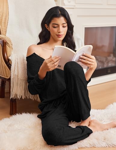 Ekouaer Womens Pajama Sets Long Sleeve Henley Neck Pj Sets Loungewear 2pcs - color: Black, size: Small