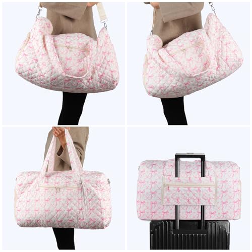 Quilted Pink Bow Duffel Bag,Weekender Bag With Shoe Compartment - color: Pink bow