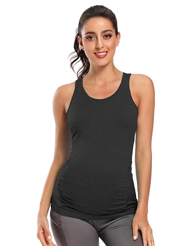 Ecavus Women's Maternity Tank Tops Racerback Ruched Workout Top - color: 01-black, size: Small