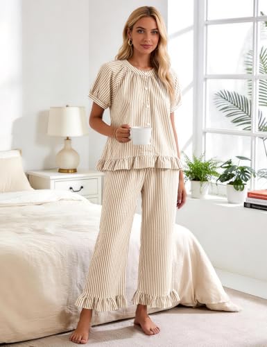 Flygo Womens Striped Pajama Sets Cotton 2 Piece Ruffle Lounge Pjs - color: Khaki, size: Medium