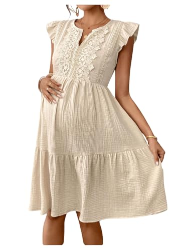 OYOANGLE Women's Maternity Dress Lace Trim Cap Sleeve Tiered Ruffle A Line Midi Dresses - size: Large