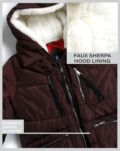 Steve Madden Womens Winter Jacket, Midlength Puffer Parka Coat, Sherpa Hood - color: Brown, size: Medium