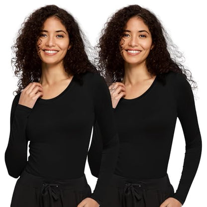 COZYFIT 2 Pack Underscrub Long Sleeve Women, Scrubs Undershirts, Crew Neck - color: Black/Black, size: Medium