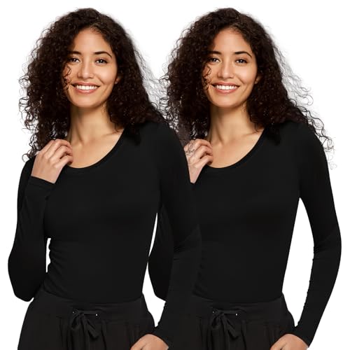 COZYFIT 2 Pack Underscrub Long Sleeve Women, Scrubs Undershirts, Crew Neck - color: Black/Black, size: X-Small