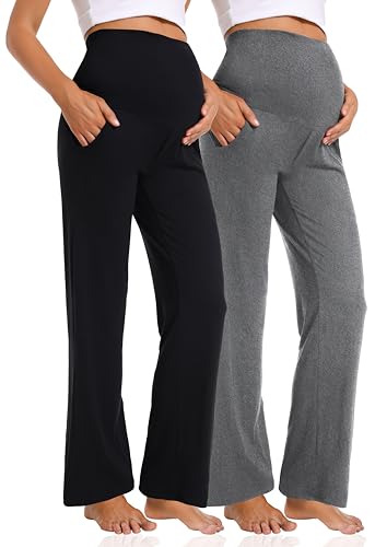 Foucome Women's Maternity Pants Wide Leg Pregnancy Work Pants - color: 2 Pack Black+melange Grey, size: Medium