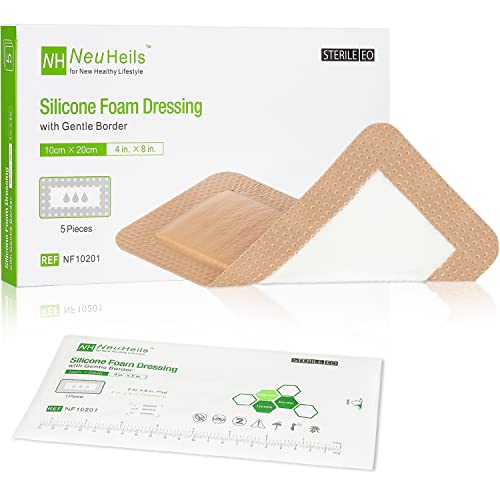 NeuHeils Silicone Foam Dressing with Border 4 x 8 Inch, 5 Pack Latex Free - size: 4''x8'' (Pack of 5)