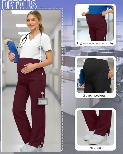 2 Pack Womens Maternity Pants Scrub with 6 Pockets - color: Black, Dark Red, size: Large
