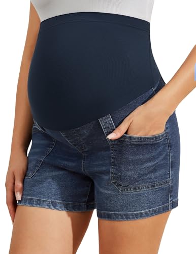 AMPOSH Maternity Denim Shorts Over The Belly Pregnancy Jean Shorts with Deep Pockets, High Waist Stretch Summer Denim, S-XXL - color: Vintage Wash, size: XX-Large