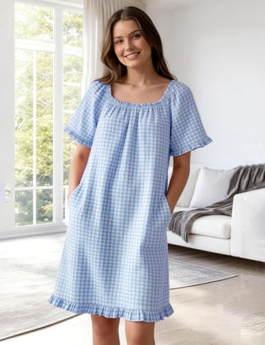 Flygo Womens Gingham Nightgown Cotton Pullover House Dress with Pockets - color: Blue, size: X-Large