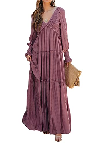 R.Vivimos Long Sleeve V Neck Flowy Maxi Dresses for Women - color: Darkrose, size: Large