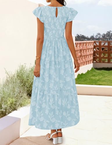 ZESICA Women's Summer Floral Boho Smocked Flowy Maxi Dress - color: Blue, size: Small