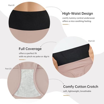 Women's Tummy Control Underwear High-Waist underpants Full Coverage Brief Stretch Ladies Panties Multipack - size: Large